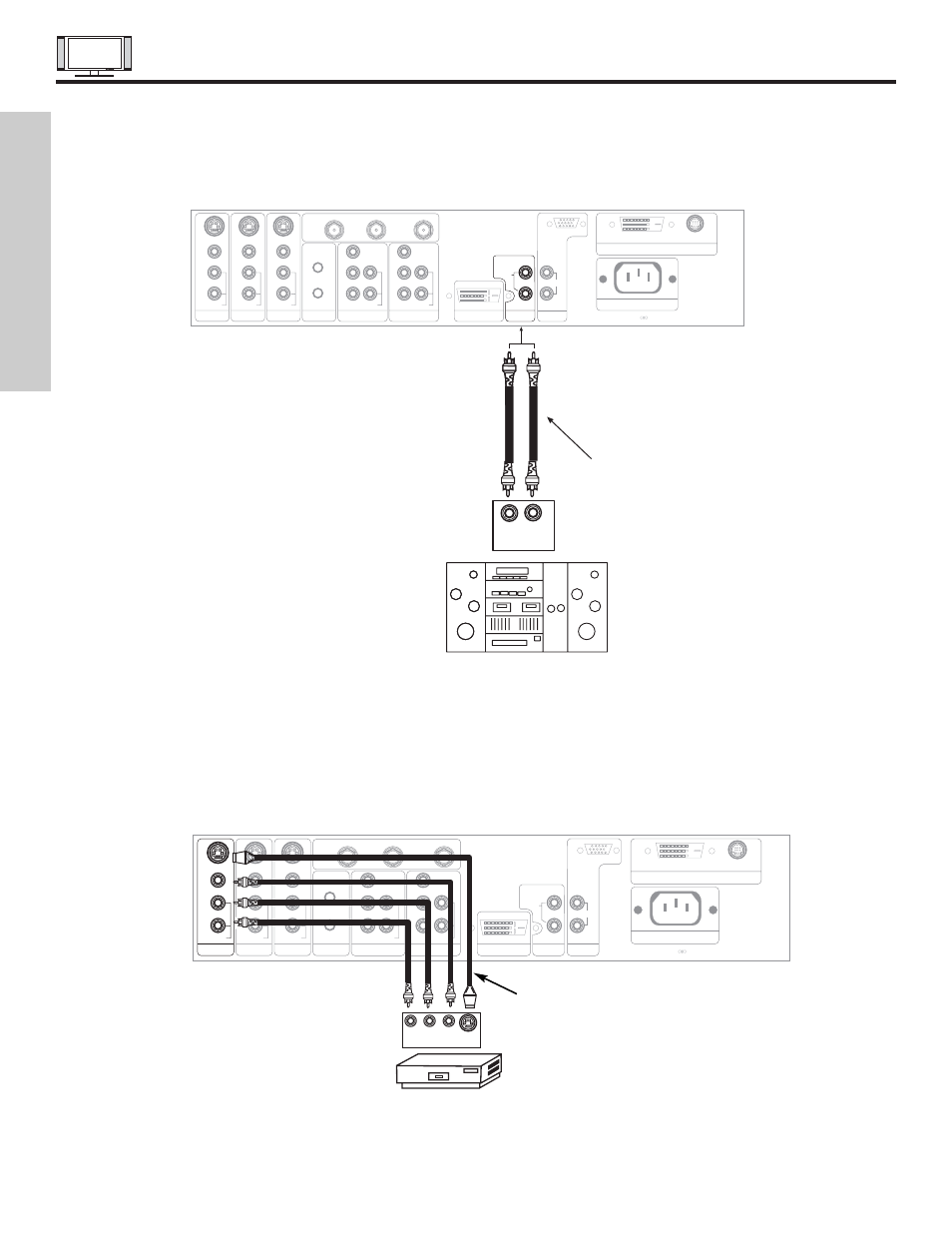 Connecting external audio/video devices, First time use, Rl input | Optional, see page 23, Stereo system amplifier, Rear panel of avc center, Vcr or other external components | Hitachi 32HDT50 User Manual | Page 18 / 84