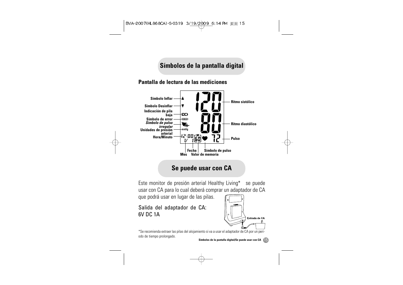 Símbolos de la pantalla digital, Se puede usar con ca | Hitachi BVA-2007 User Manual | Page 48 / 66