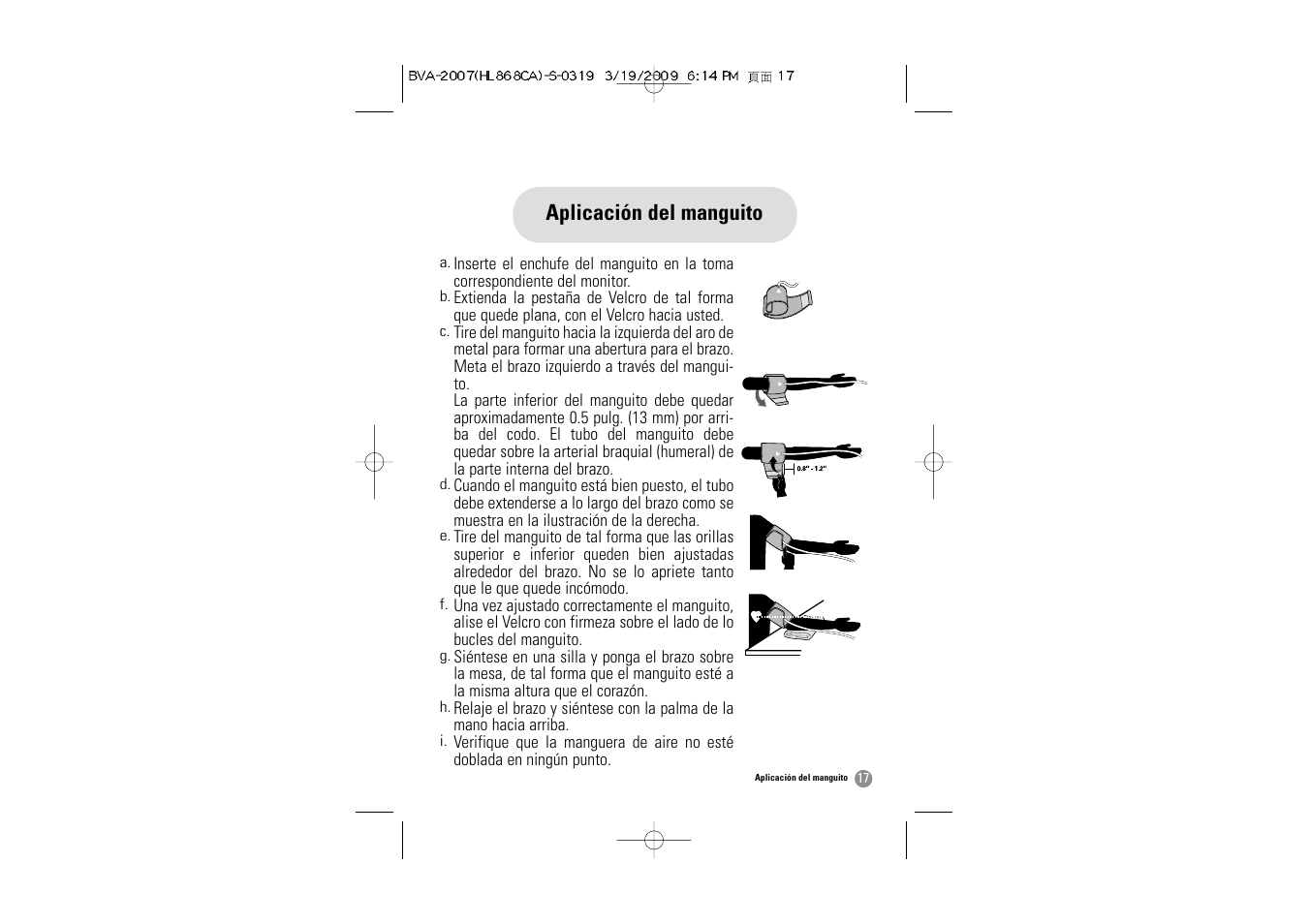 Aplicación del manguito | Hitachi BVA-2007 User Manual | Page 50 / 66