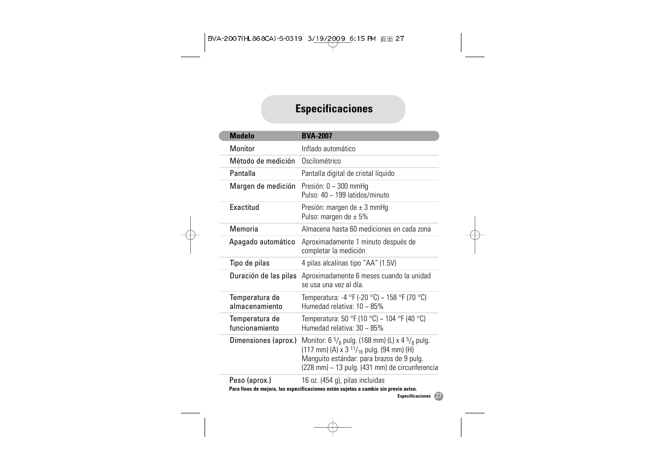 Especificaciones | Hitachi BVA-2007 User Manual | Page 60 / 66