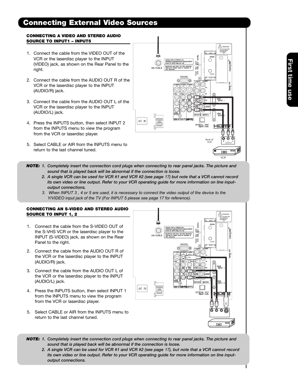 Connecting external video sources, First time use | Hitachi 42HDS69 User Manual | Page 19 / 80
