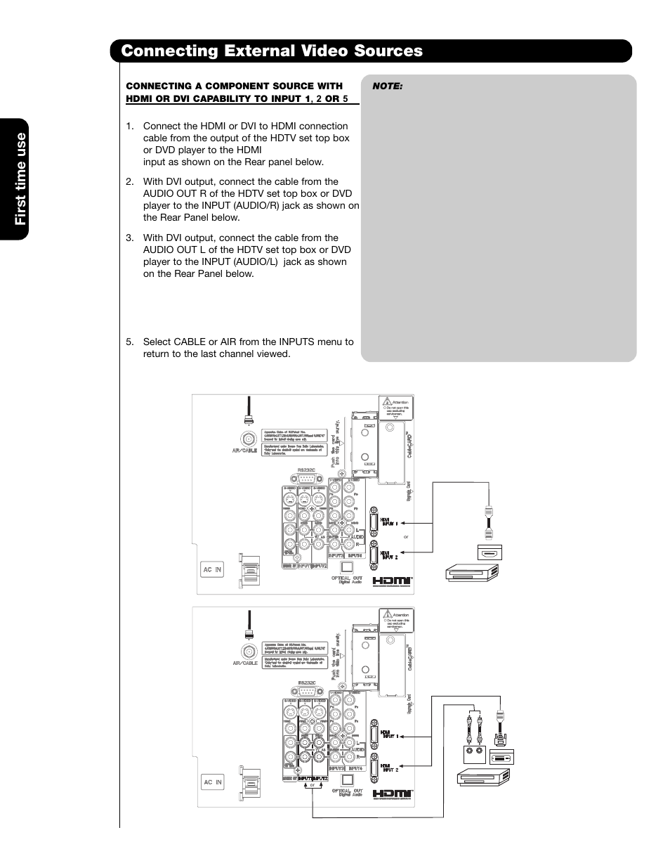 Connecting external video sources, First time use | Hitachi 42HDS69 User Manual | Page 20 / 80