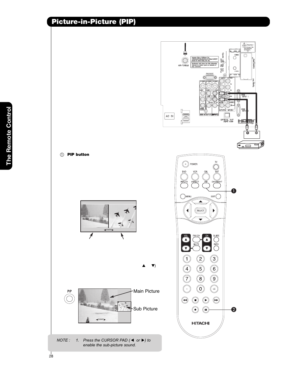 Picture-in-picture (pip), The remote cont rol | Hitachi 42HDS69 User Manual | Page 28 / 80