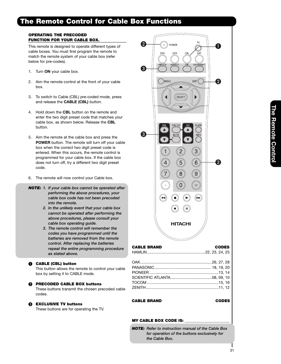 The remote control for cable box functions, The remote contr ol | Hitachi 42HDS69 User Manual | Page 31 / 80