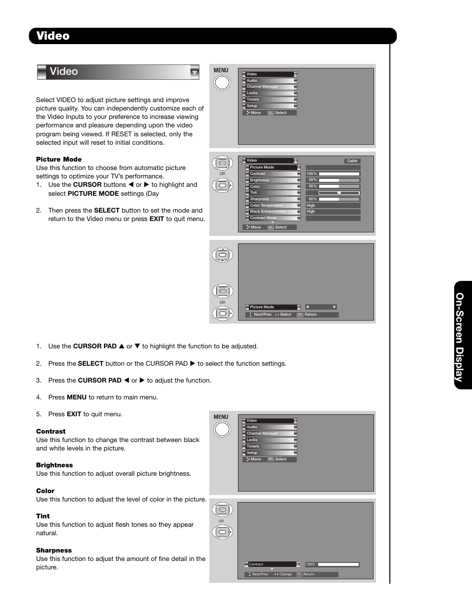 Video, On-scr een display | Hitachi 42HDS69 User Manual | Page 37 / 80