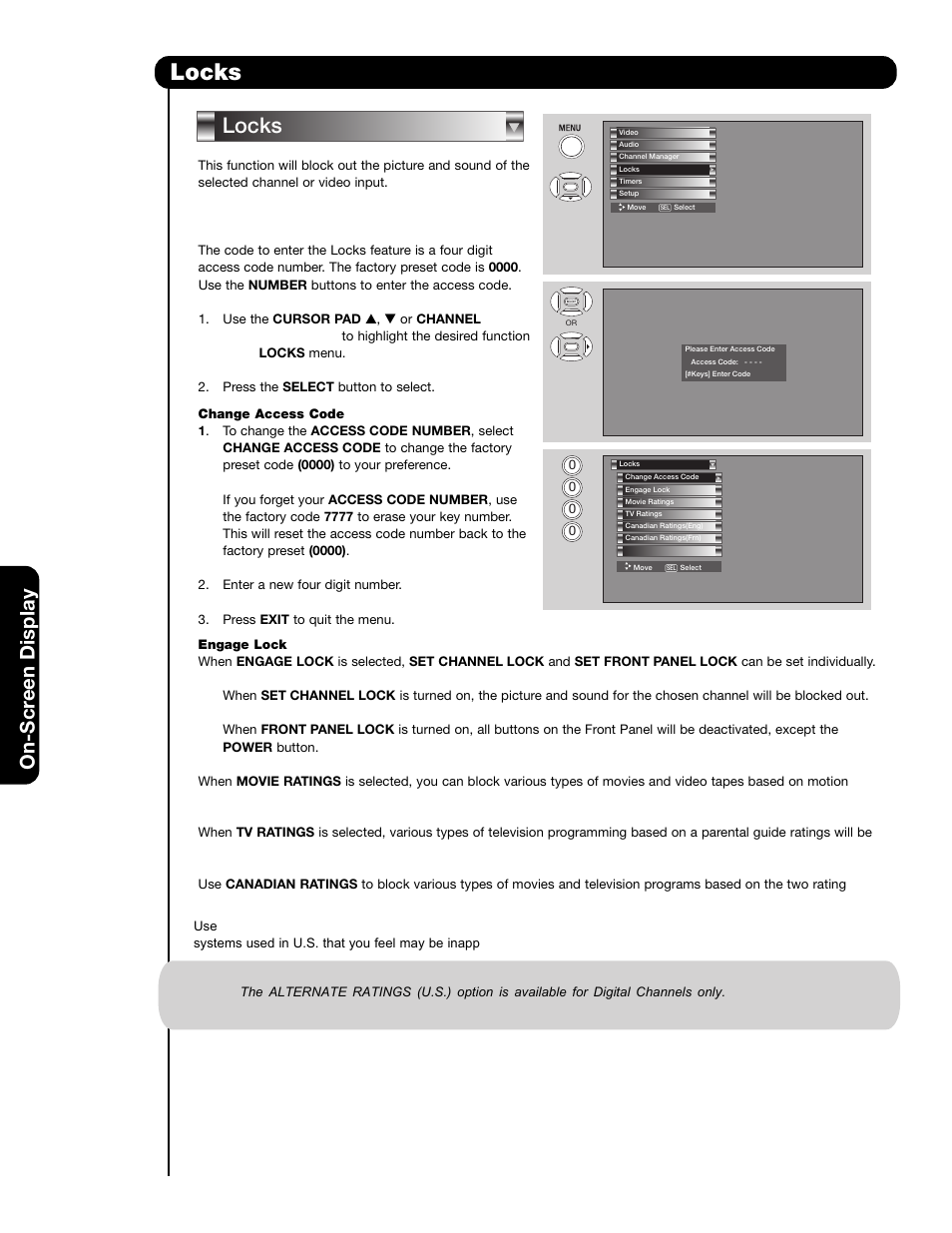 Locks, On-scr een display | Hitachi 42HDS69 User Manual | Page 44 / 80