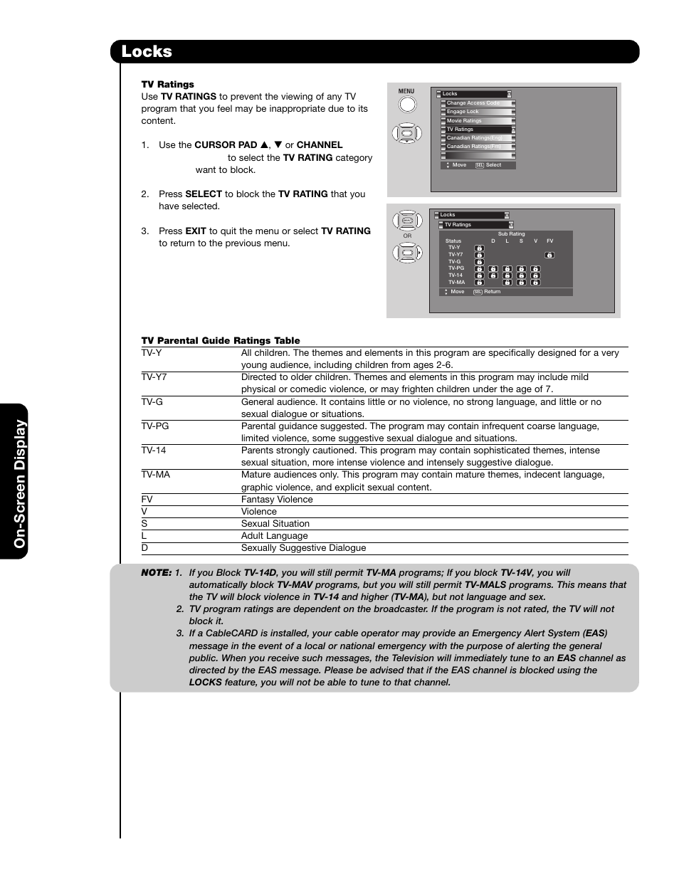Locks, On-scr een display | Hitachi 42HDS69 User Manual | Page 46 / 80