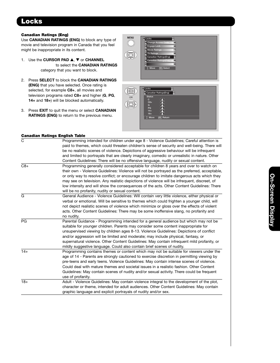 Locks, On-scr een display | Hitachi 42HDS69 User Manual | Page 47 / 80