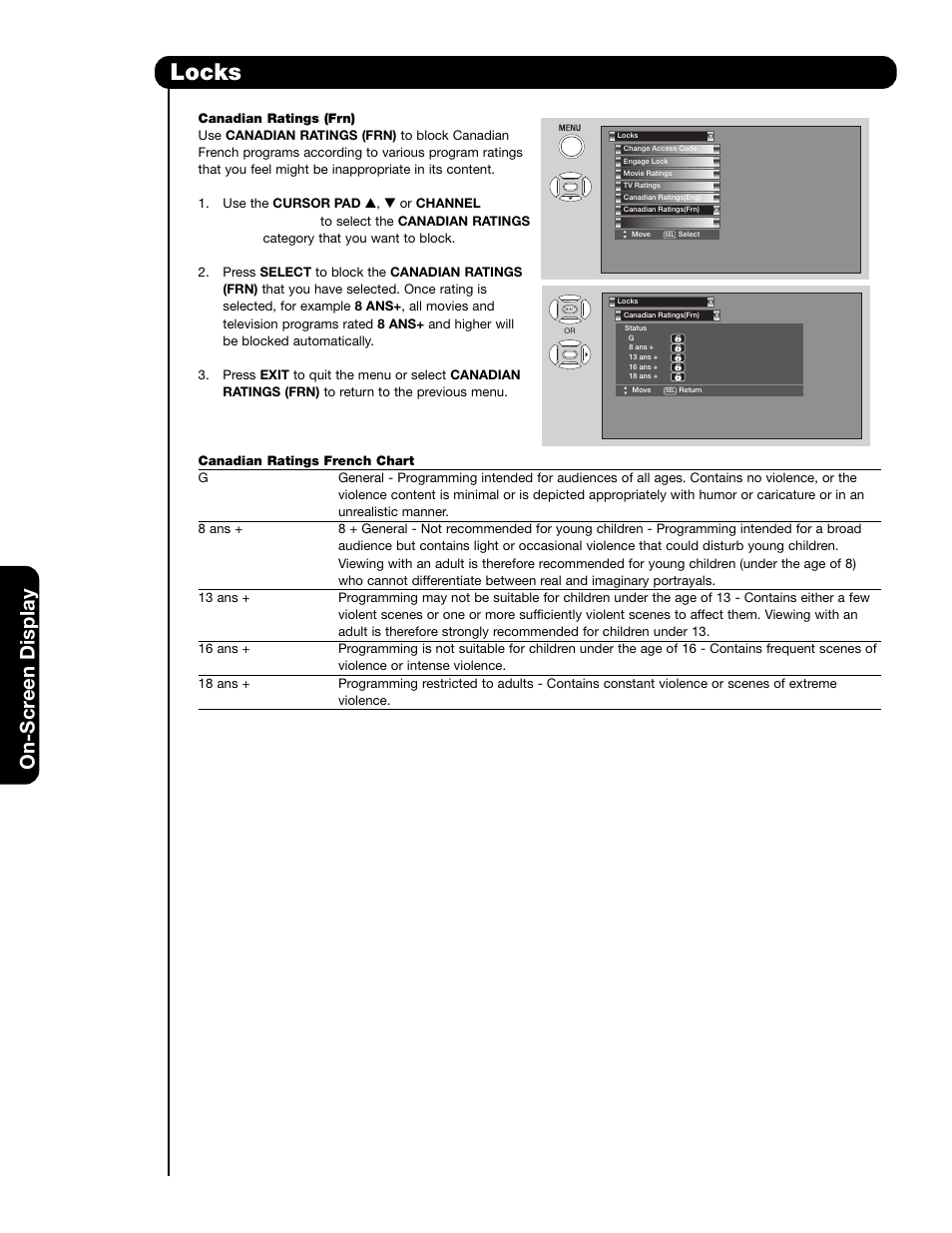 Locks, On-scr een display | Hitachi 42HDS69 User Manual | Page 48 / 80