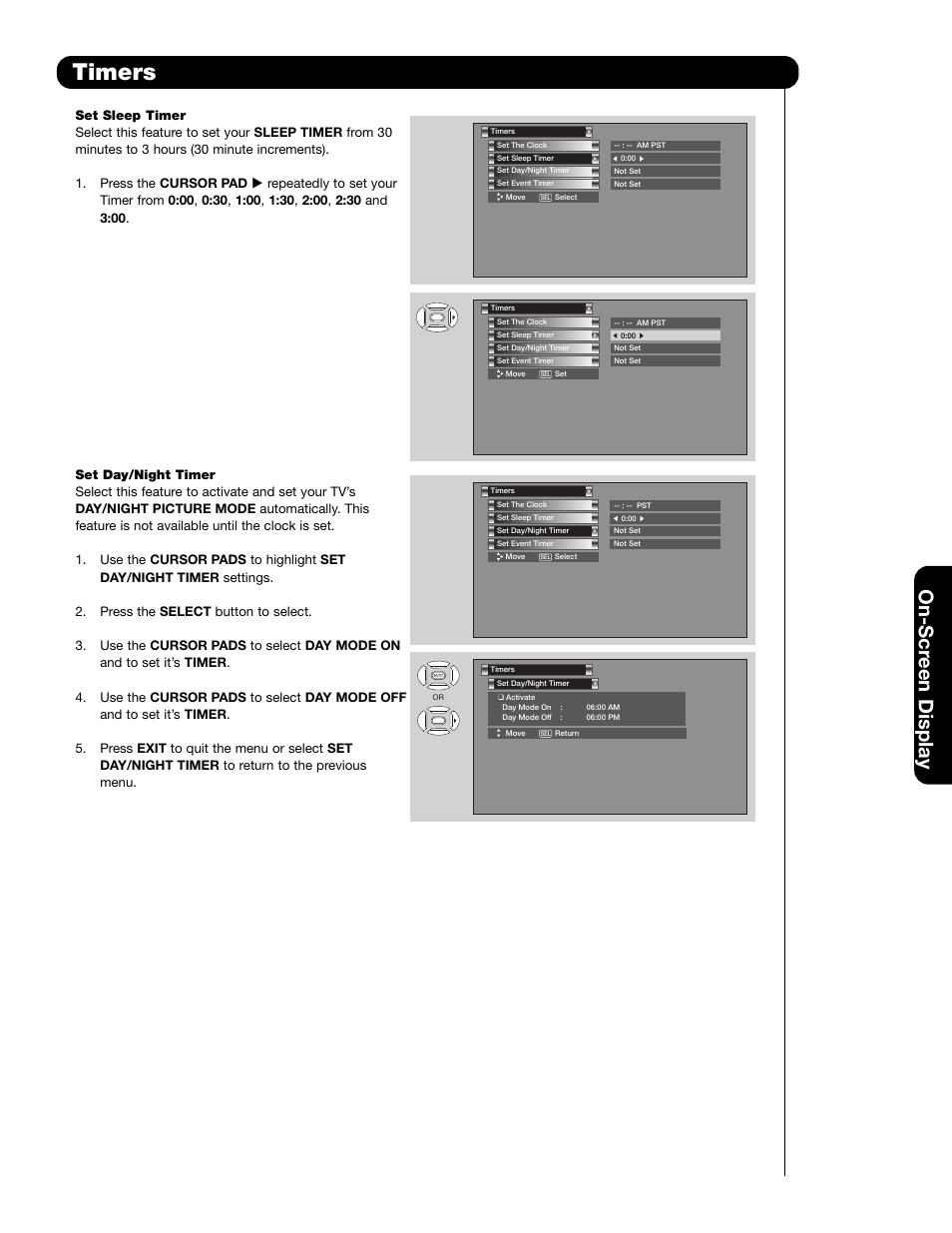 Timers, On-scr een display | Hitachi 42HDS69 User Manual | Page 51 / 80