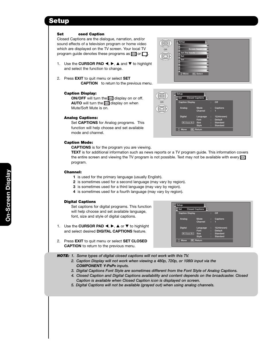 Setup, On-scr een display | Hitachi 42HDS69 User Manual | Page 56 / 80