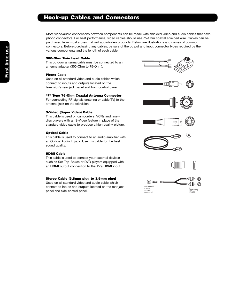 Hook-up cables and connectors, First time use | Hitachi 42HDS69 User Manual | Page 8 / 80
