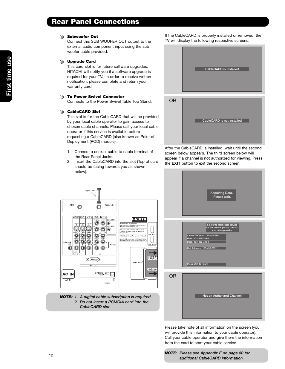 Rear panel connections, First time use | Hitachi 55HDS52 User Manual | Page 12 / 88