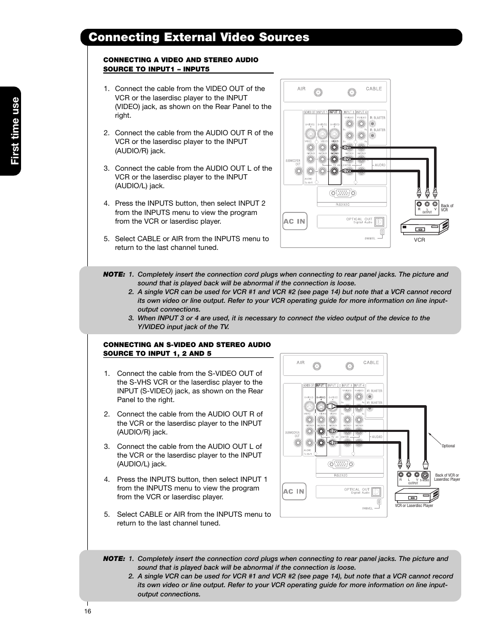 Connecting external video sources, First time use | Hitachi 55HDS52 User Manual | Page 16 / 88