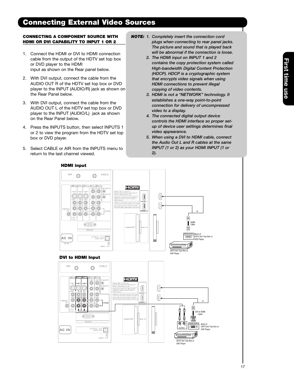 Connecting external video sources, First time use | Hitachi 55HDS52 User Manual | Page 17 / 88