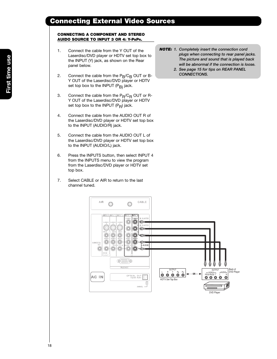 Connecting external video sources, First time use | Hitachi 55HDS52 User Manual | Page 18 / 88