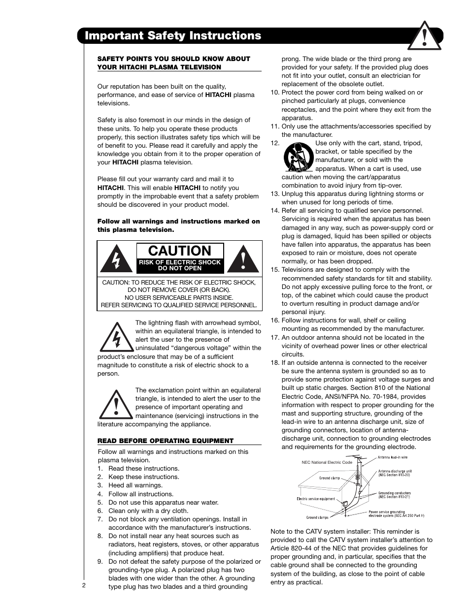 Caution, Important safety instructions | Hitachi 55HDS52 User Manual | Page 2 / 88