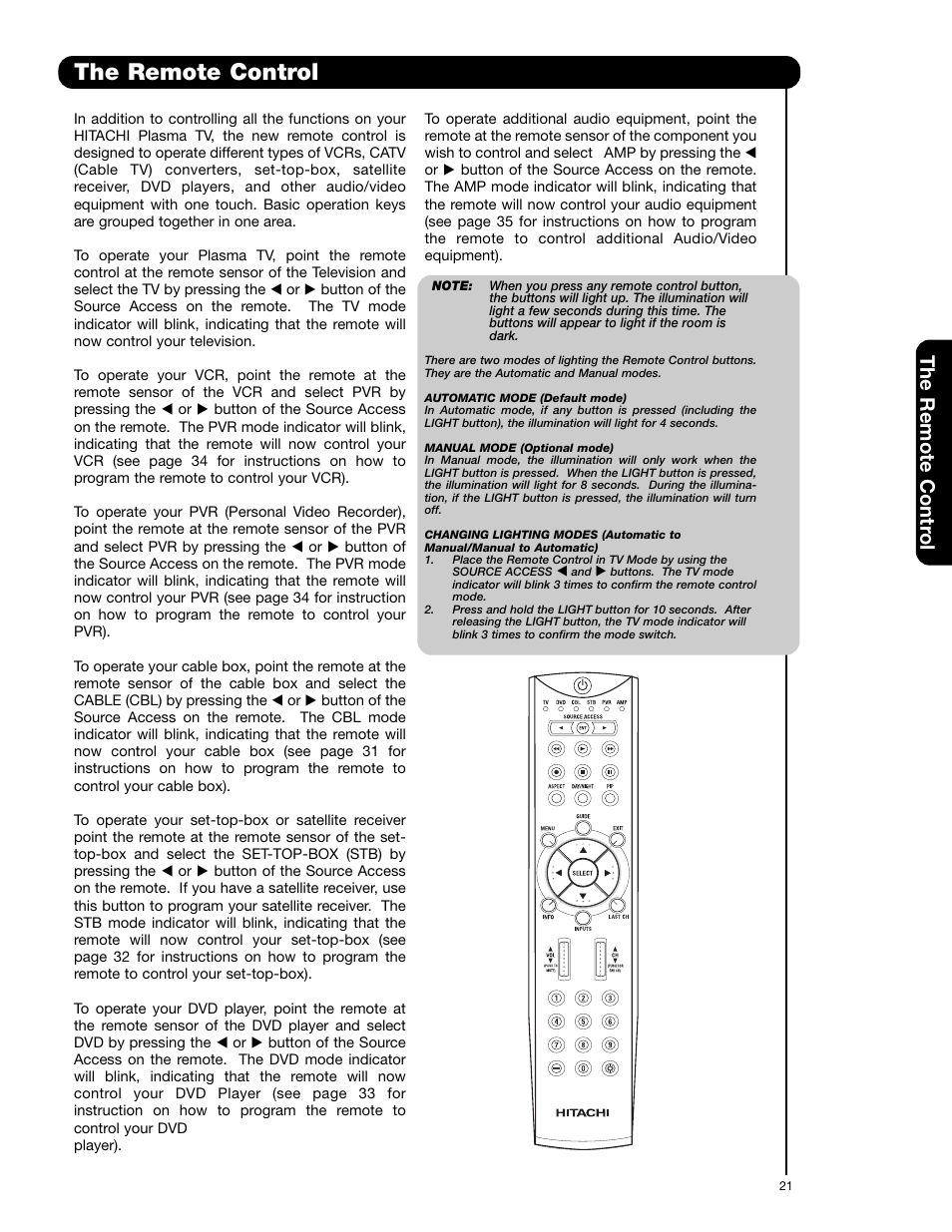 The remote control, The remote contr ol | Hitachi 55HDS52 User Manual | Page 21 / 88