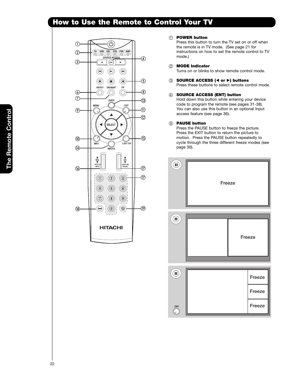 How to use the remote to control your tv, The remote contr ol | Hitachi 55HDS52 User Manual | Page 22 / 88