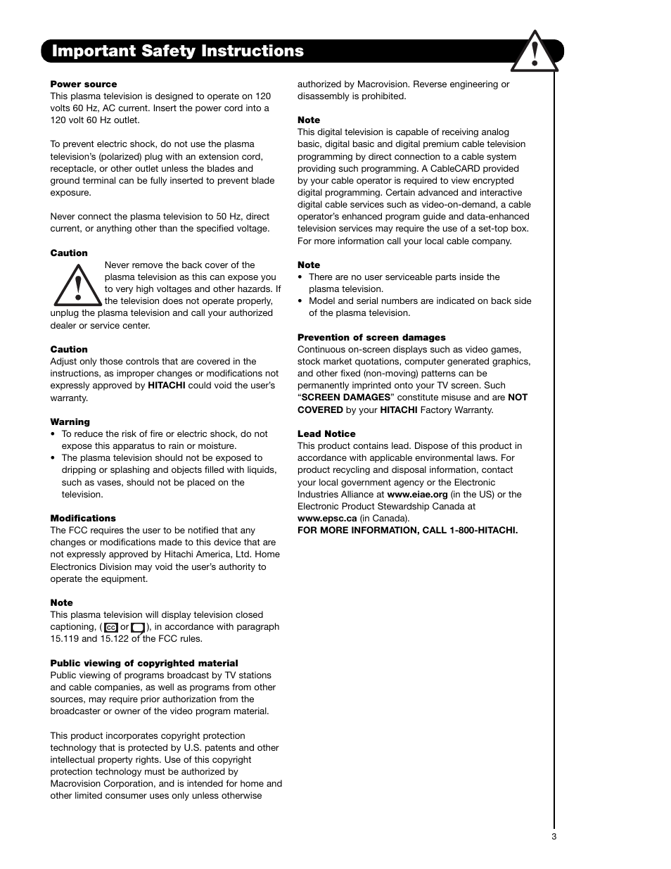 Important safety instructions | Hitachi 55HDS52 User Manual | Page 3 / 88