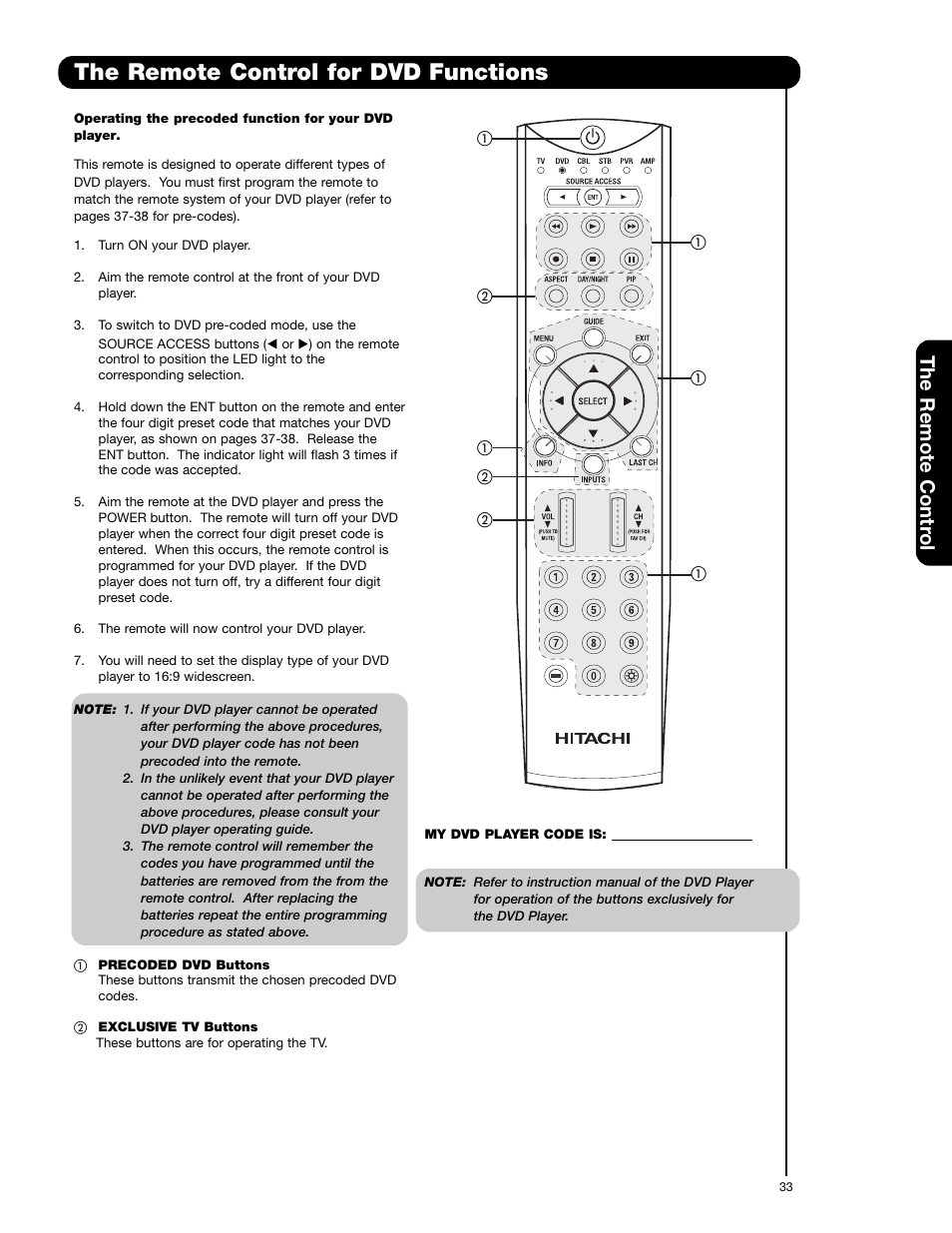 The remote control for dvd functions, The remote contr ol | Hitachi 55HDS52 User Manual | Page 33 / 88