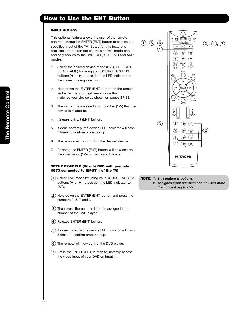 How to use the ent button, The remote contr ol | Hitachi 55HDS52 User Manual | Page 36 / 88