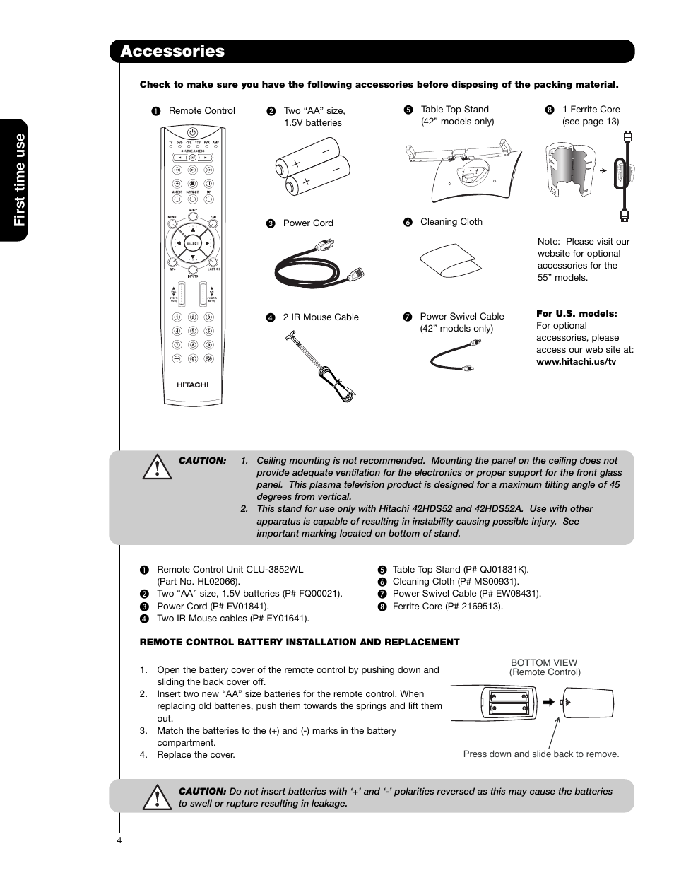 Accessories, First time use | Hitachi 55HDS52 User Manual | Page 4 / 88