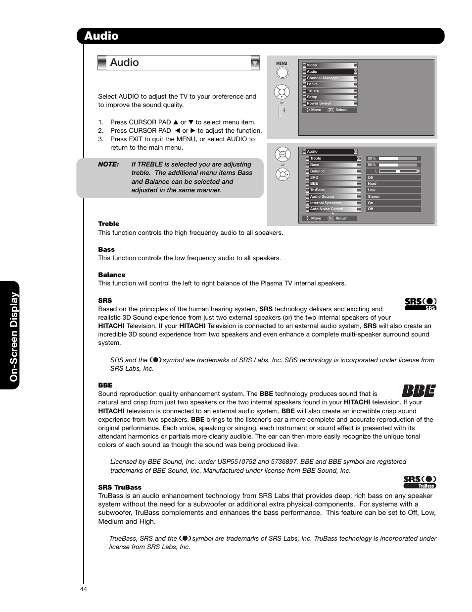 Audio, On-scr een display | Hitachi 55HDS52 User Manual | Page 44 / 88