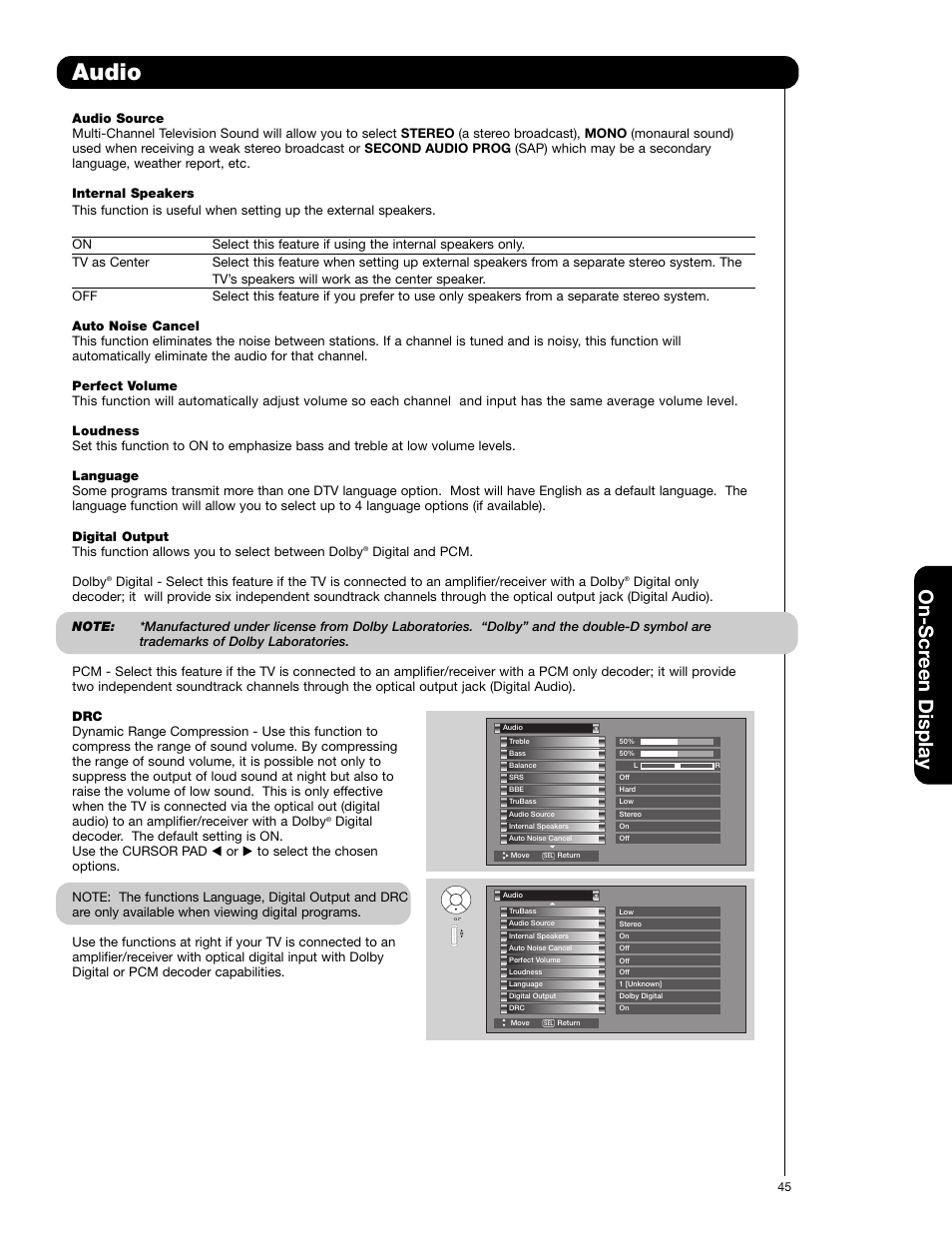 Audio, On-scr een display | Hitachi 55HDS52 User Manual | Page 45 / 88