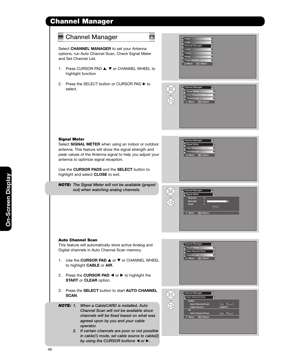 Channel manager, On-scr een display | Hitachi 55HDS52 User Manual | Page 46 / 88