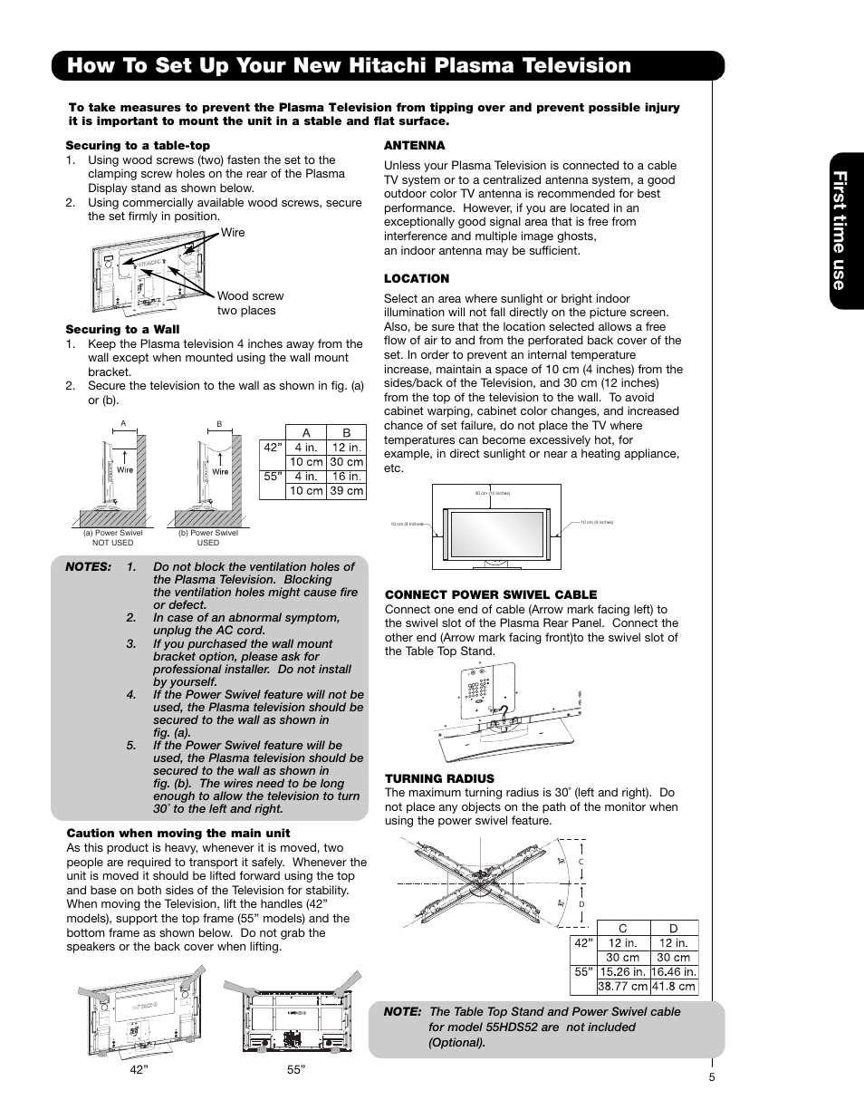 How to set up your new hitachi plasma television, First time use | Hitachi 55HDS52 User Manual | Page 5 / 88