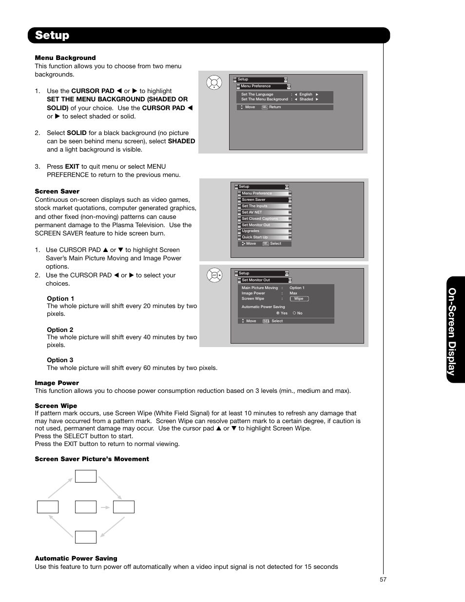 Setup, On-scr een display | Hitachi 55HDS52 User Manual | Page 57 / 88