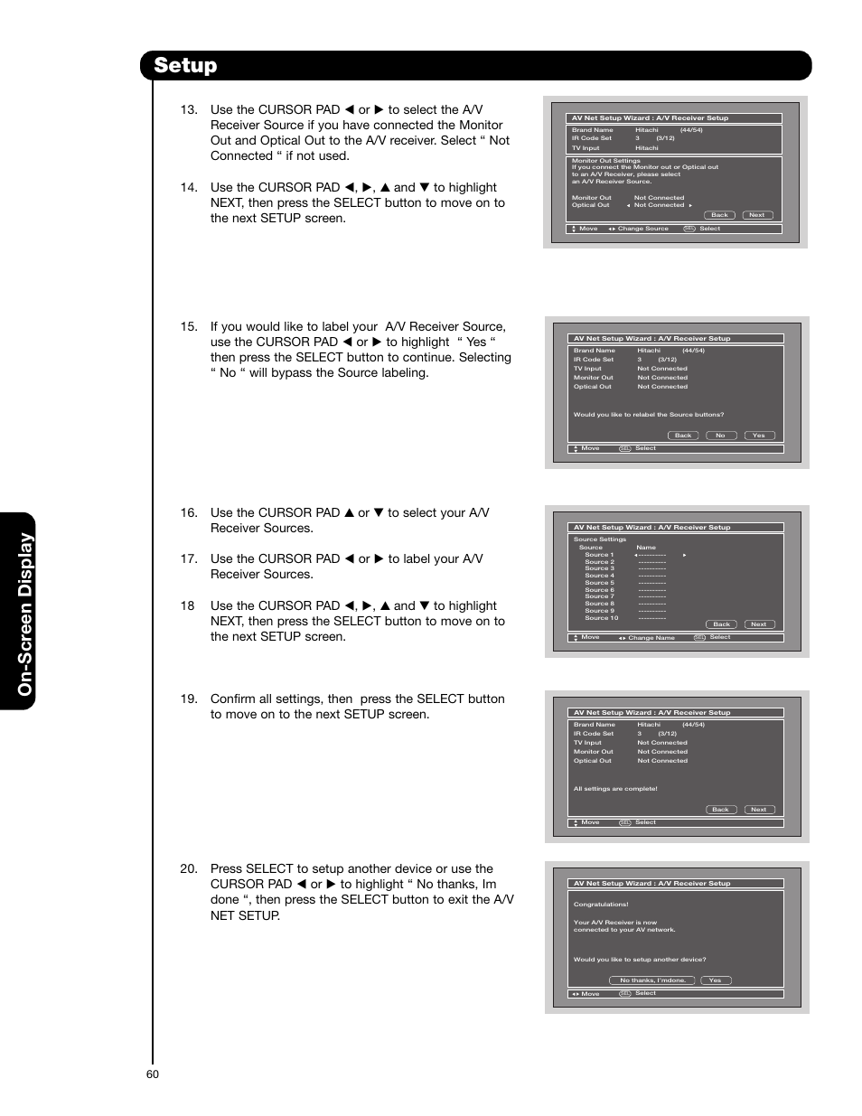 Setup, On-scr een display | Hitachi 55HDS52 User Manual | Page 60 / 88