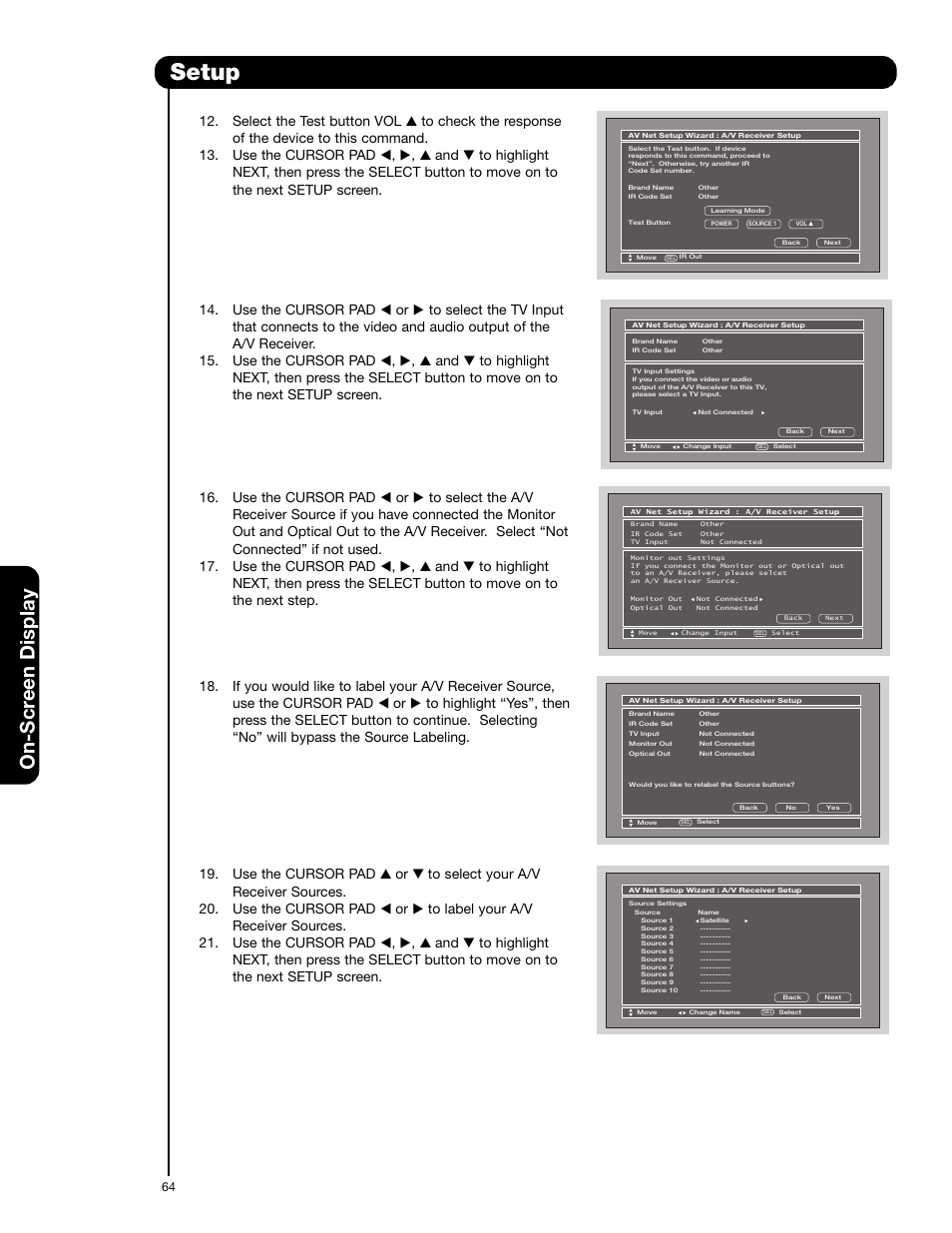 Setup, On-scr een display | Hitachi 55HDS52 User Manual | Page 64 / 88