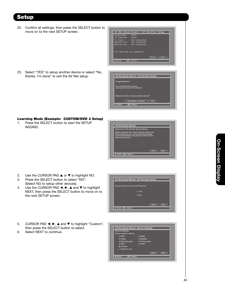 Setup, On-scr een display | Hitachi 55HDS52 User Manual | Page 65 / 88