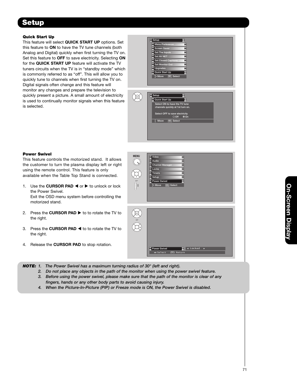 Setup, On-scr een display | Hitachi 55HDS52 User Manual | Page 71 / 88