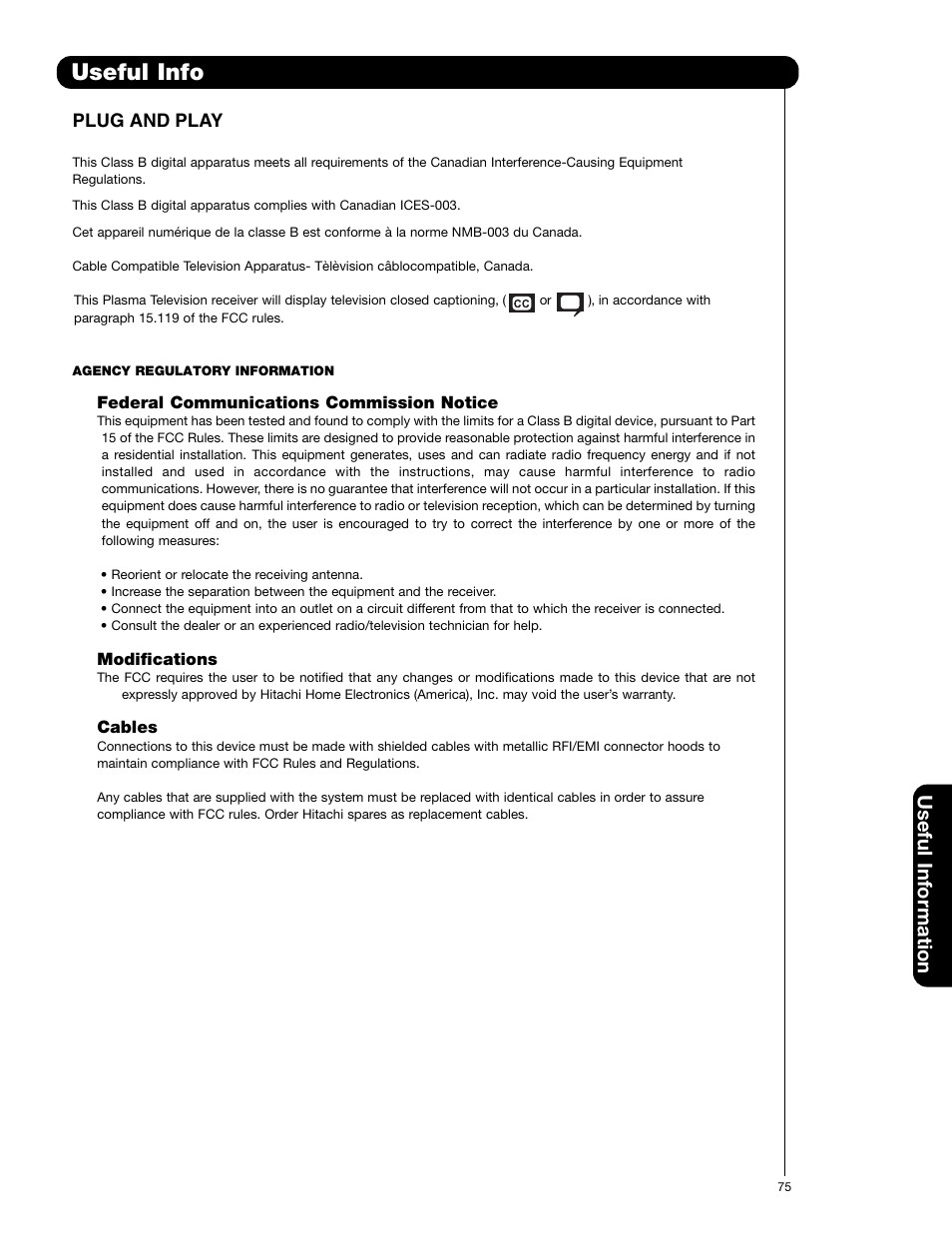 Useful info, Useful information, Plug and play | Hitachi 55HDS52 User Manual | Page 75 / 88