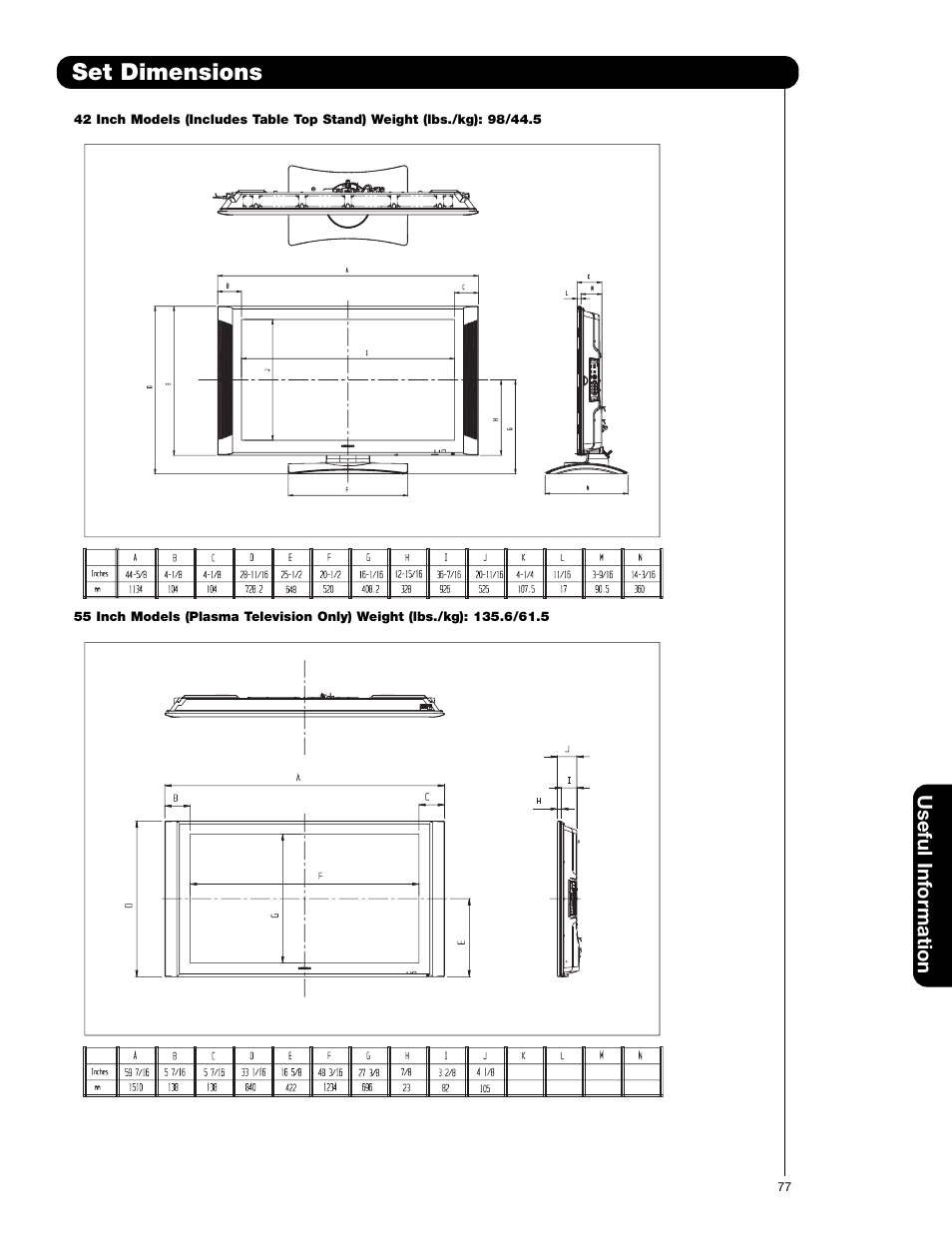 Set dimensions, Useful information | Hitachi 55HDS52 User Manual | Page 77 / 88