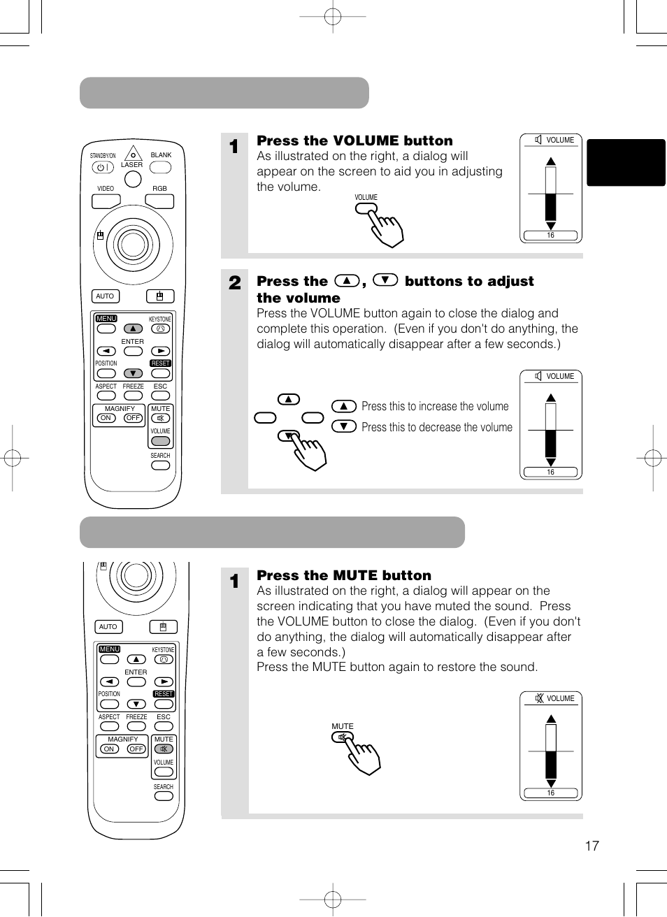 Adjusting the volume temporarily muting the sound, Press the volume button, Press the mute button | Press the , buttons to adjust the volume | Hitachi CP-X385W User Manual | Page 18 / 53