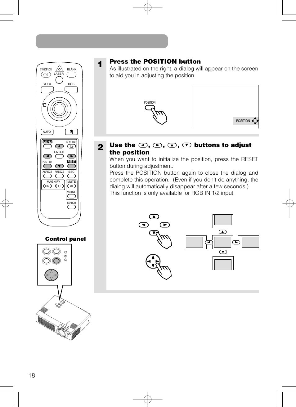 Adjusting the position, Press the position button, Use the , , , buttons to adjust the position | Control panel | Hitachi CP-X385W User Manual | Page 19 / 53
