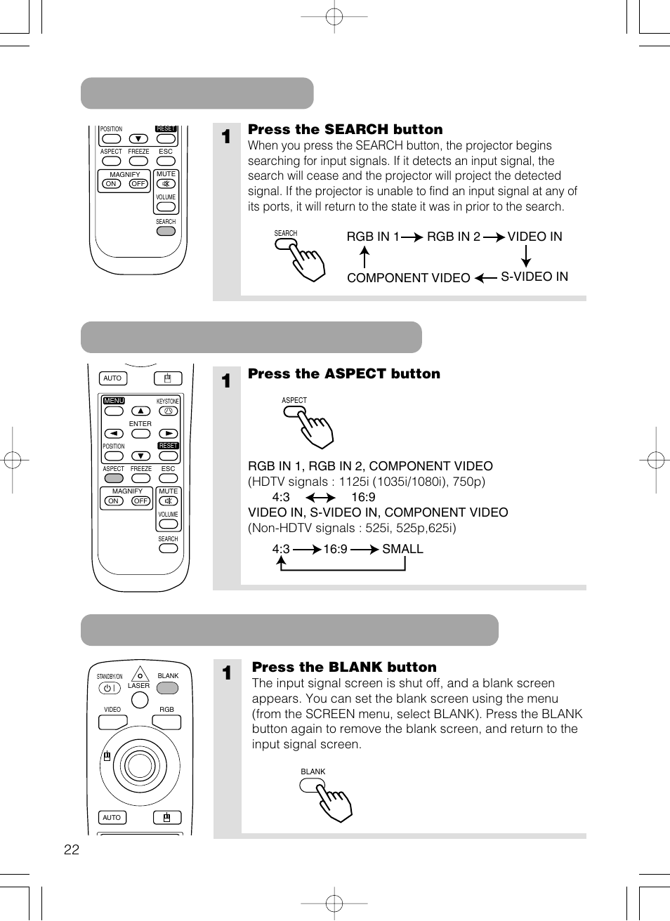 Press the search button, Press the aspect button, Press the blank button | Hitachi CP-X385W User Manual | Page 23 / 53