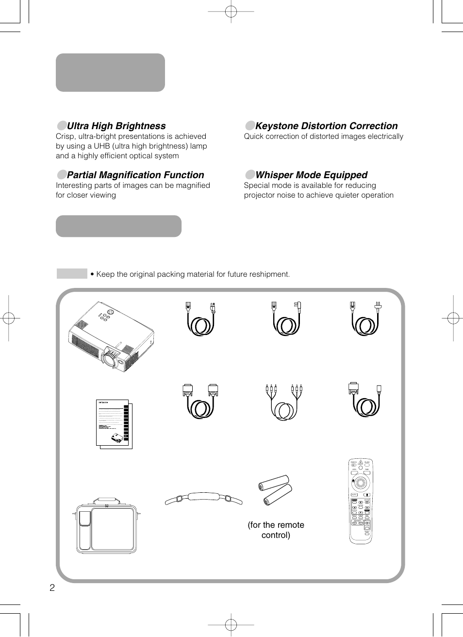 Preparations, Projector features, Ultra high brightness | Partial magnification function, Keystone distortion correction, Whisper mode equipped | Hitachi CP-X385W User Manual | Page 3 / 53