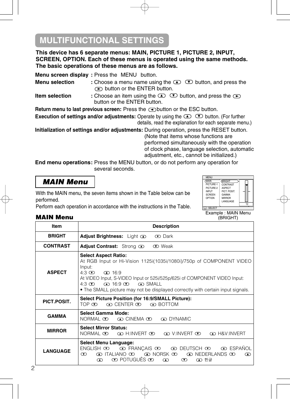 Multifunctional settings, Main menu, Main menu 2 | Hitachi CP-X385W User Manual | Page 32 / 53