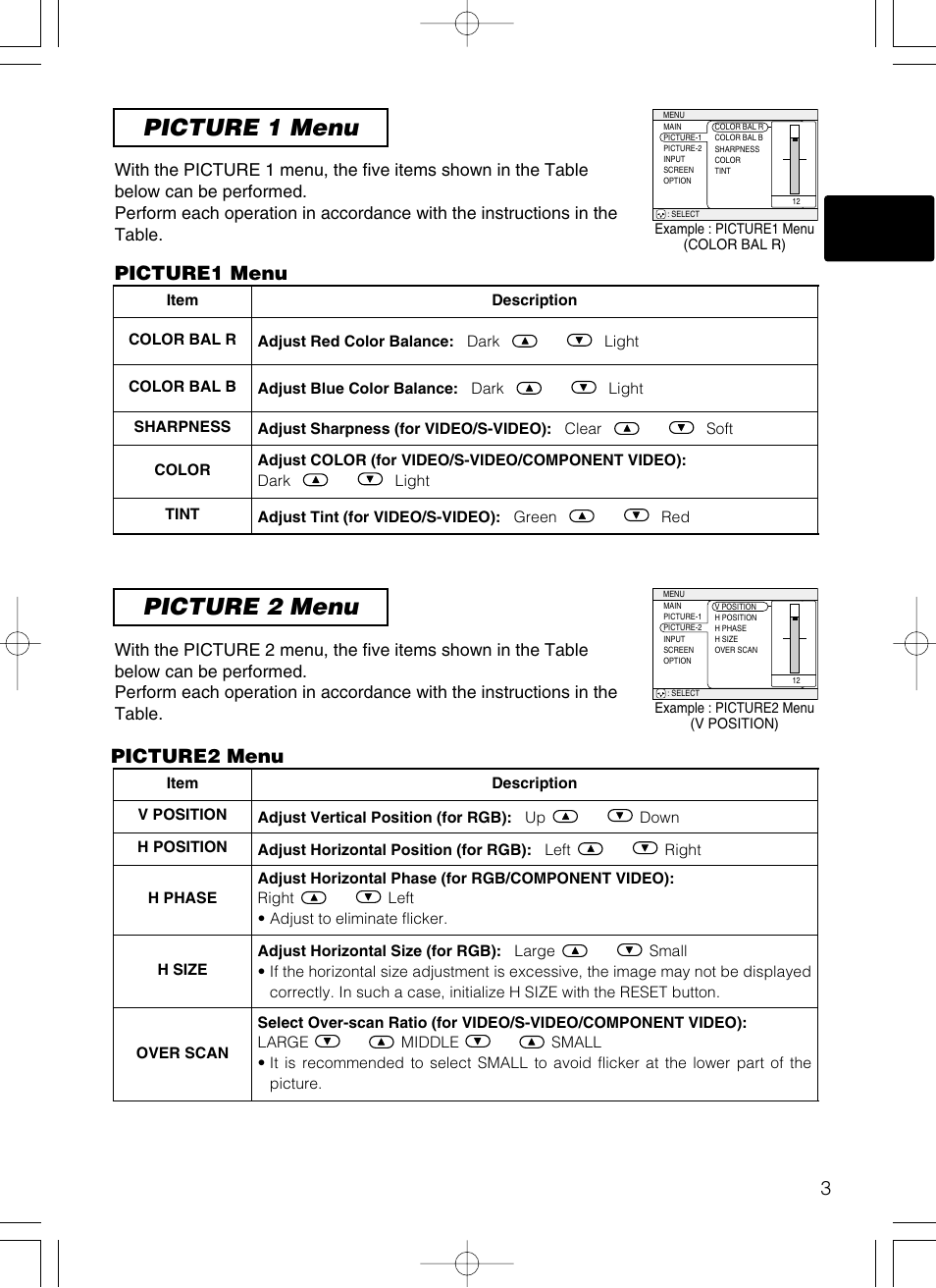 Picture 1 menu picture 2 menu, Picture1 menu, 3picture2 menu | Hitachi CP-X385W User Manual | Page 33 / 53