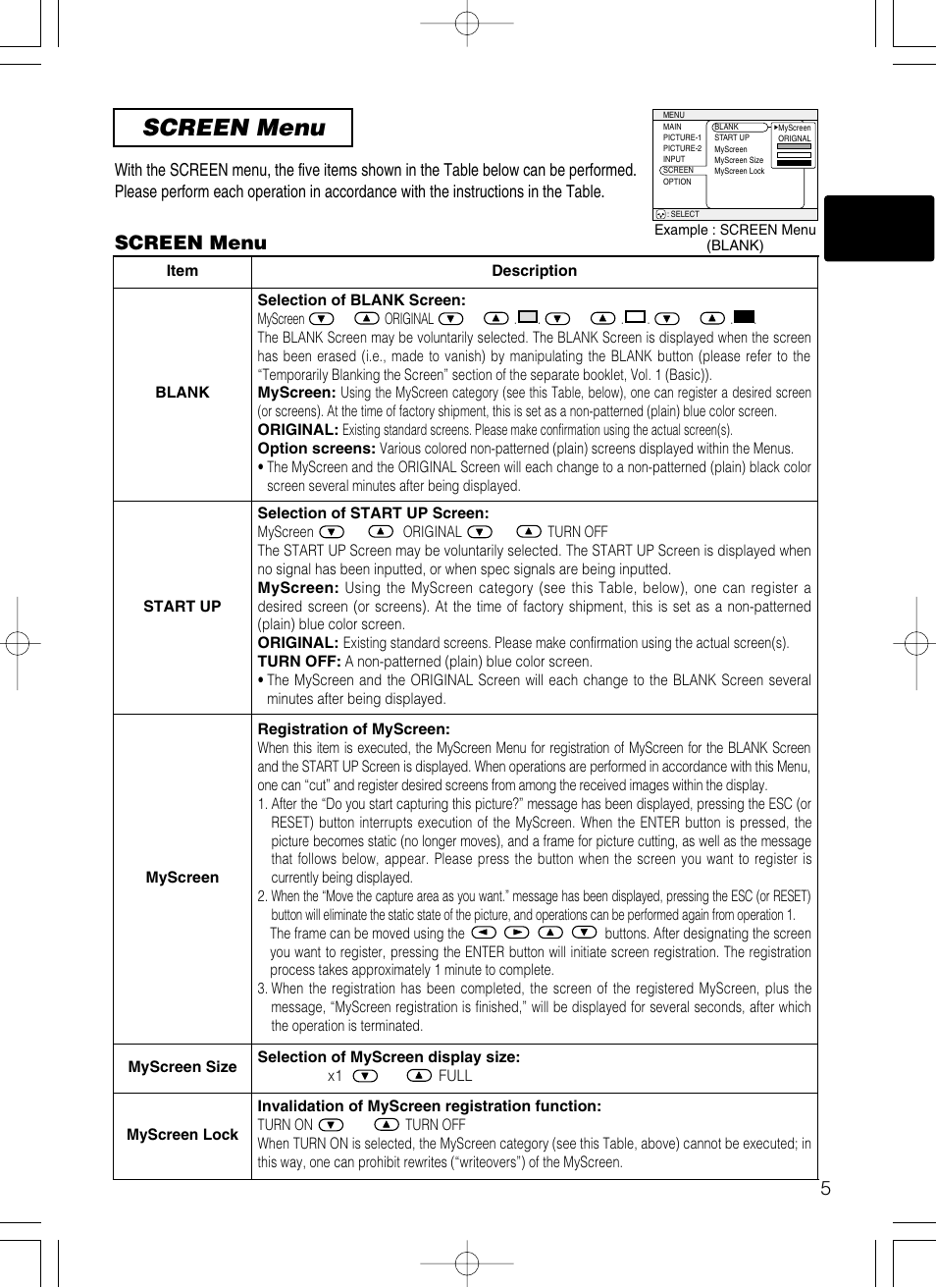 Screen menu, 5screen menu | Hitachi CP-X385W User Manual | Page 35 / 53