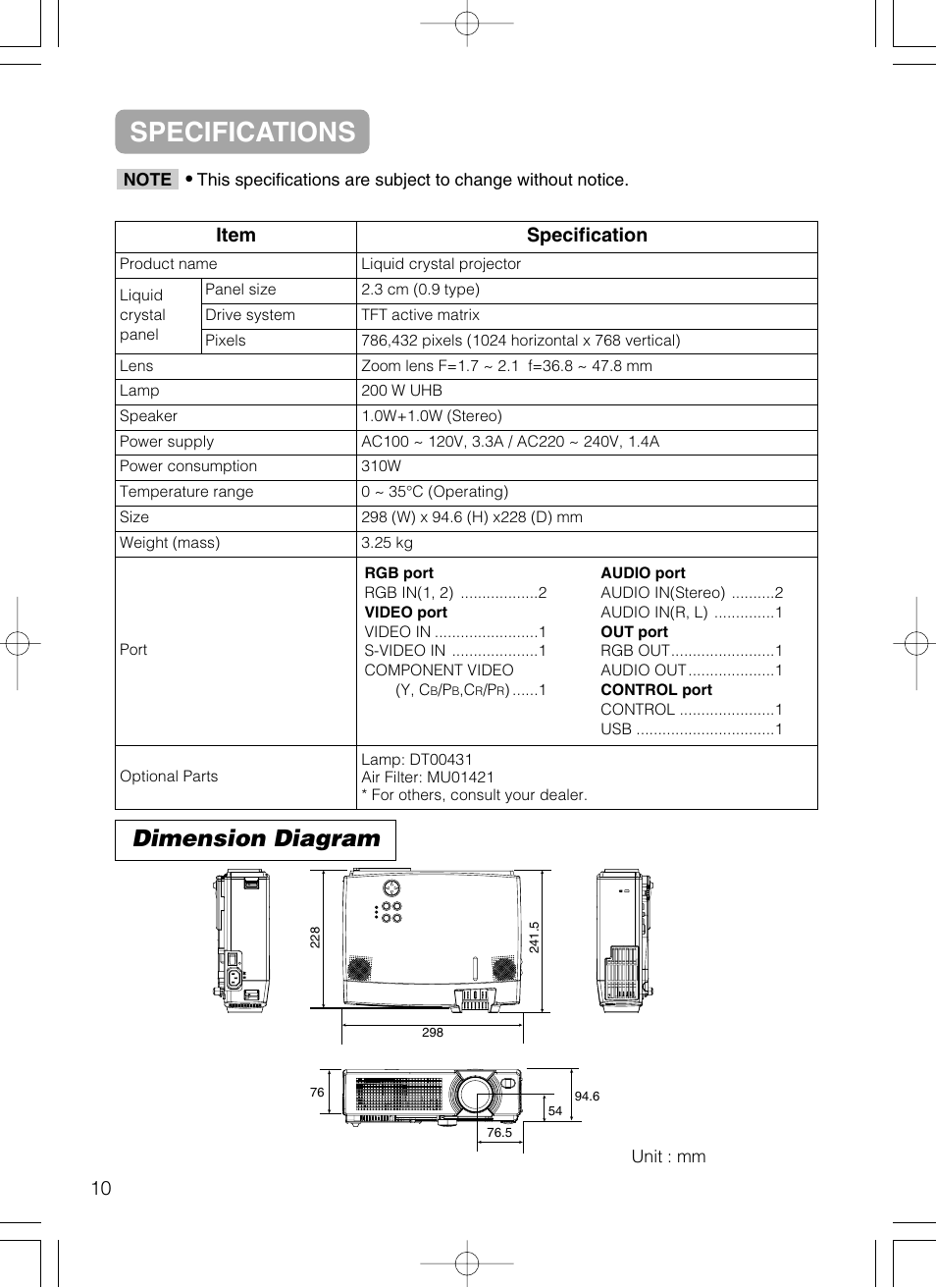 Specifications, Dimension diagram, Item specification | Hitachi CP-X385W User Manual | Page 40 / 53