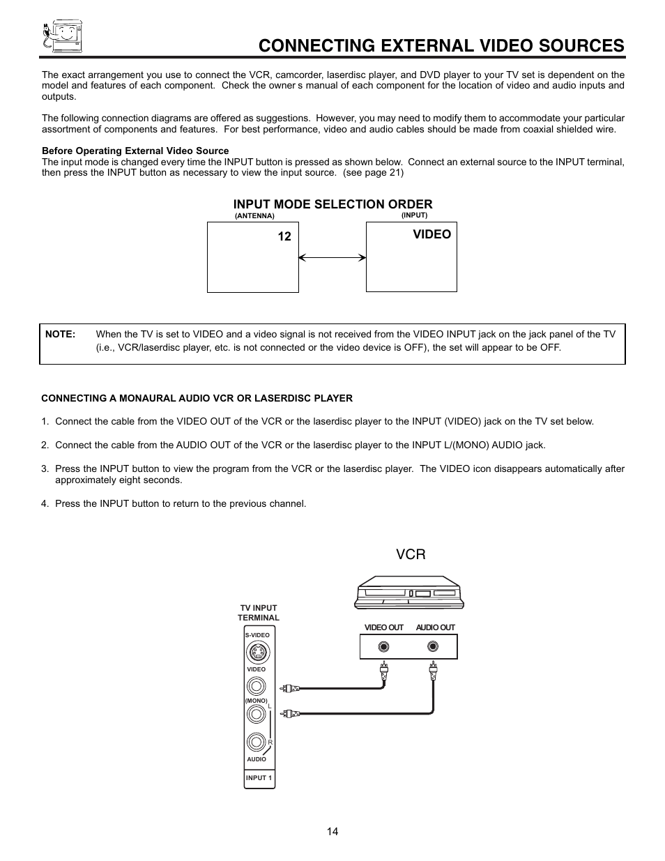 Connecting external video sources, 12 video input mode selection order | Hitachi 60DX10B User Manual | Page 14 / 60