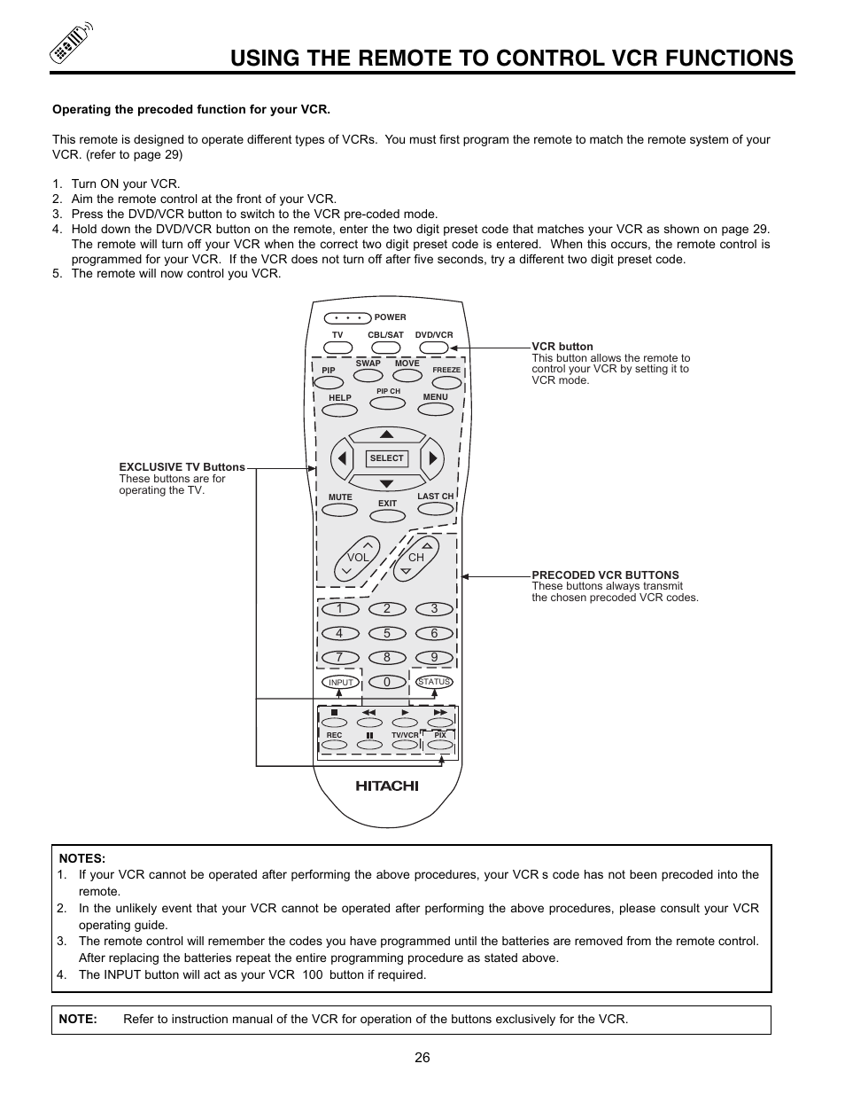 Using the remote to control vcr functions | Hitachi 60DX10B User Manual | Page 26 / 60