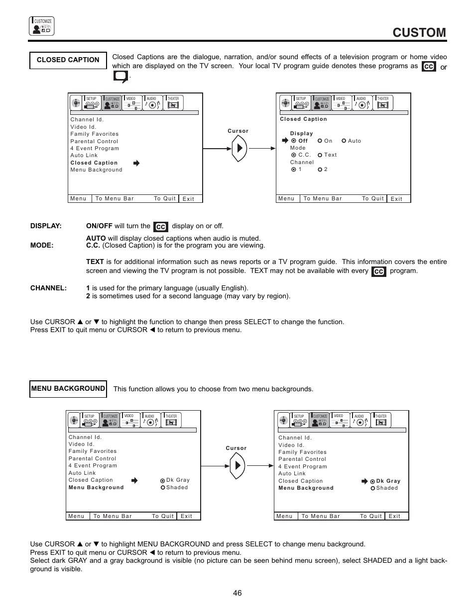 Custom, Closed caption | Hitachi 60DX10B User Manual | Page 46 / 60