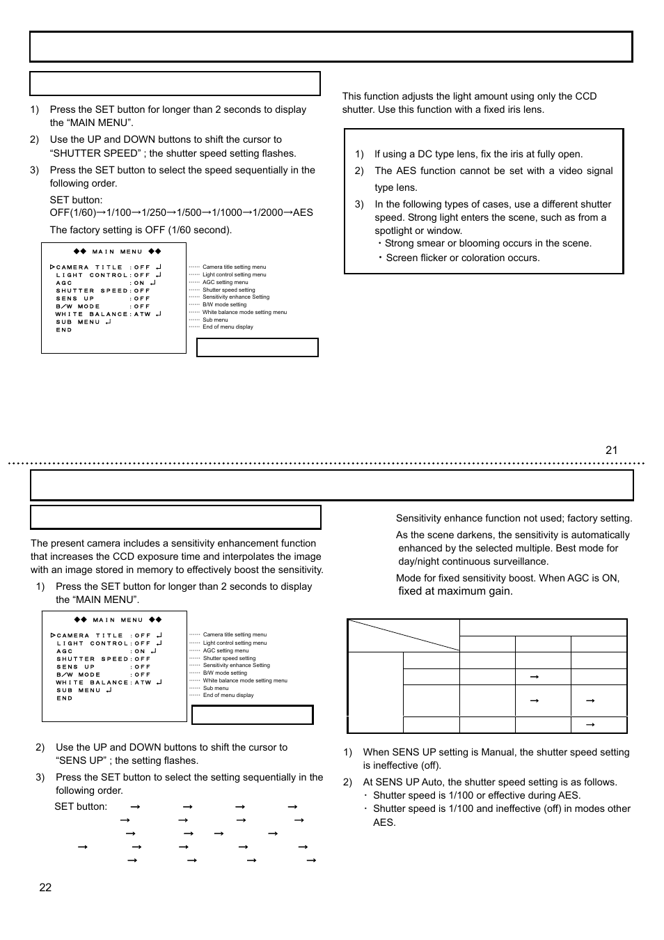 Shutter speed setting, Setting (sens up), Fixed at maximum gain | Sensitivity enhance | Hitachi KP-E500 User Manual | Page 13 / 20